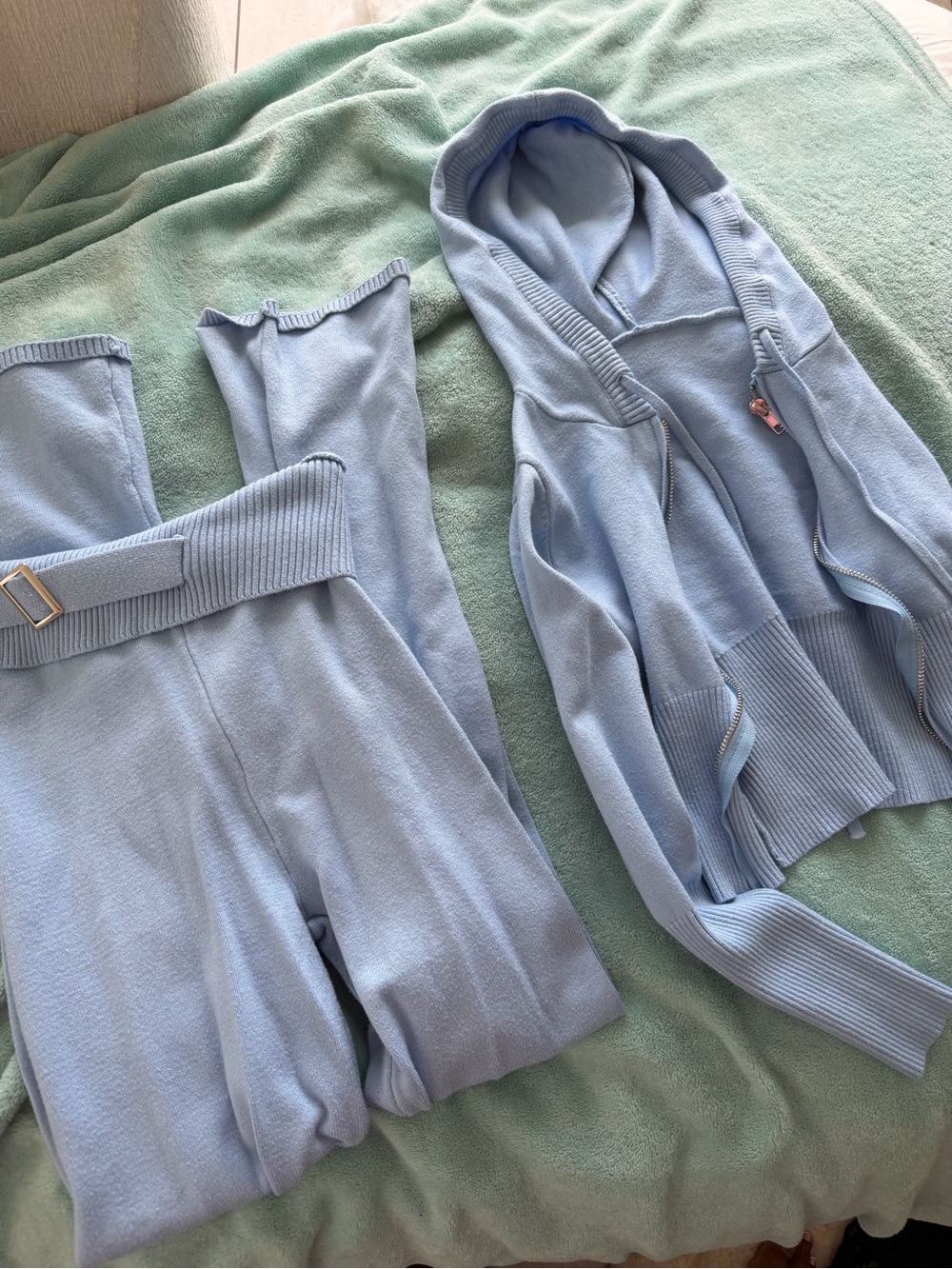 Light Blue Knit Hoodie and High-Waist Pants Set